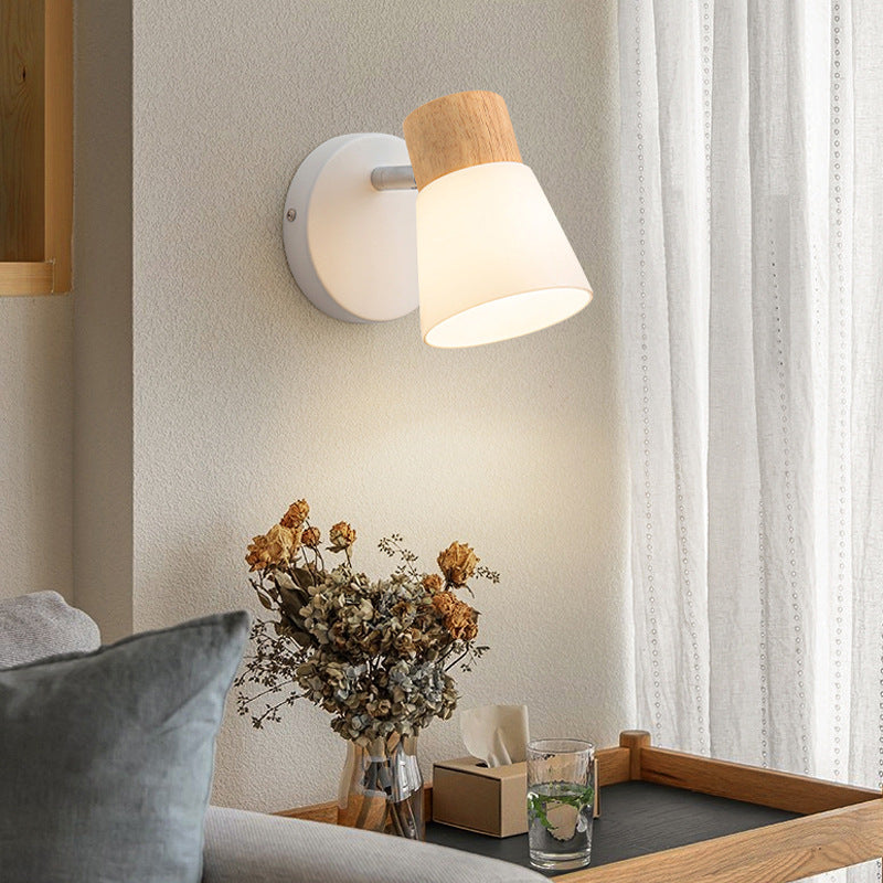 Rubberwood Glass Cone Rotatable 1/2 Light Wall Sconce Lamp