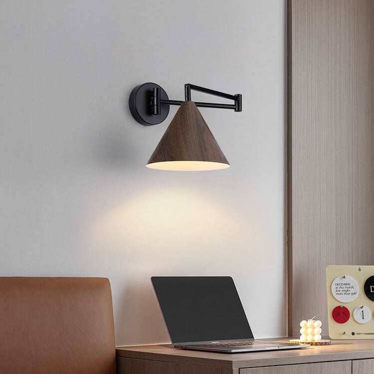 Nordic Minimalist Cone Swing Arm Wood Grain Wall Sconce