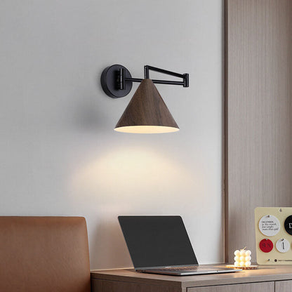Nordic Minimalist Cone Swing Arm Wood Grain Wall Sconce