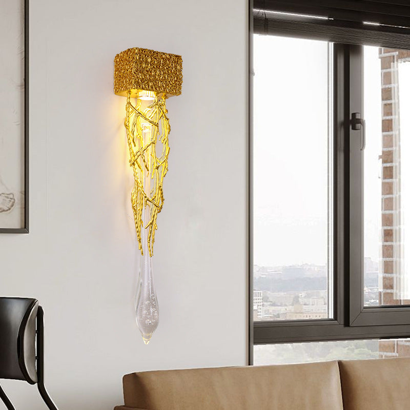 Iron Copper Crystal Branch Drop 1-Light Wall Sconce Lamp