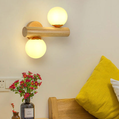 Scandinavian Orb Rubberwood Glass 2-Light Wall Sconce Lamp
