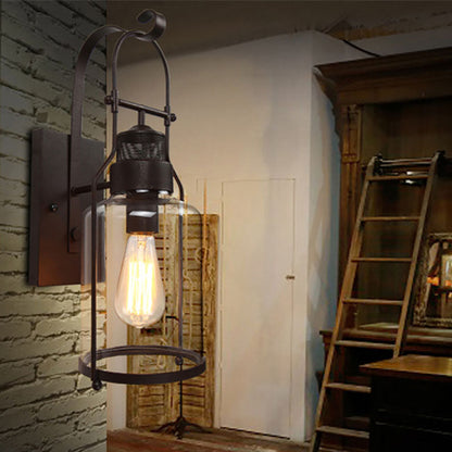 Industrial Iron Glass Cylinder 1-Light Wall Sconce Lamp