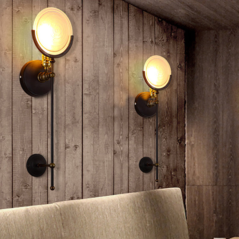 Industrial Iron Glass Round Disc 1-Light Wall Sconce Lamp