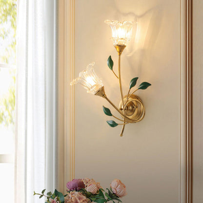 Iron Crystal Glass Flower Leave 2-Light Wall Sconce Lamp