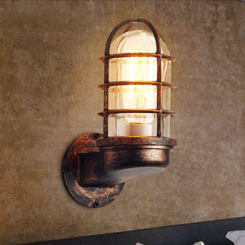 Colonial Cylinder Iron Glass 1-Light Wall Sconce Lamp