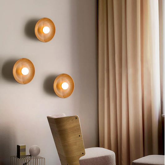 Minimalist Round Disc Solid Wood 1-Light Wall Sconce Lamp