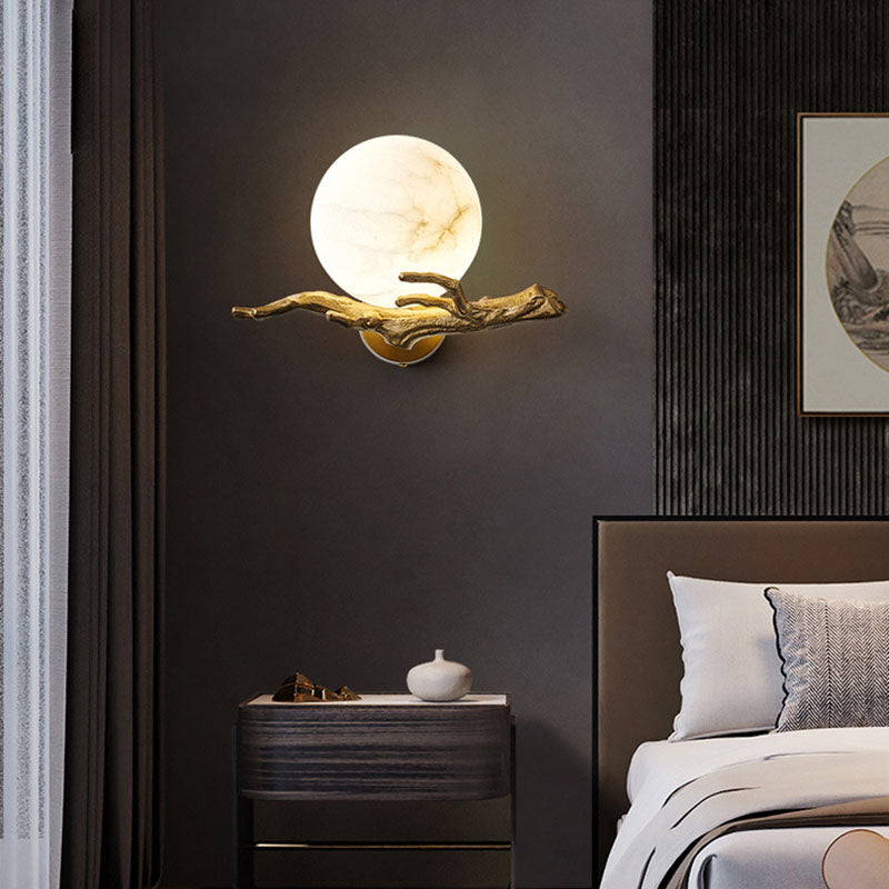 Chinese Twig Orb Brass Marble LED Wall Sconce Lamp