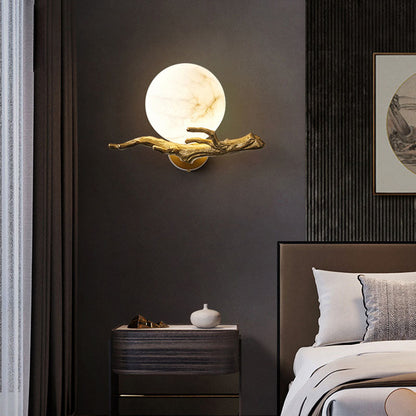 Chinese Twig Orb Brass Marble LED Wall Sconce Lamp