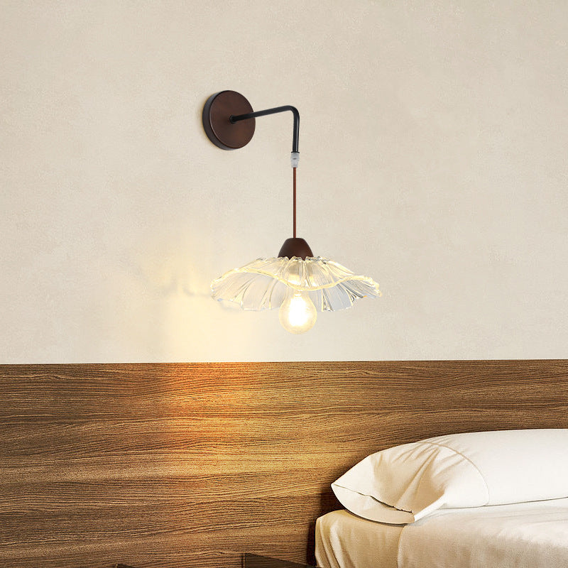Chinese Lotus Leaf Flower Walnut 1-Light Wall Sconce Lamp
