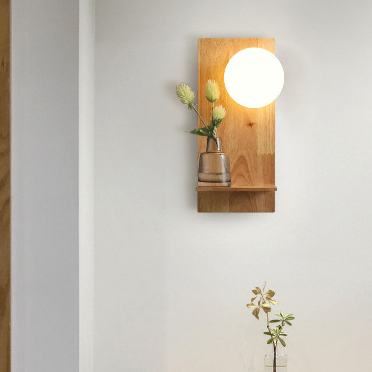 Glass Ball Wooden Square Base 1-Light Wall Sconce Lamp