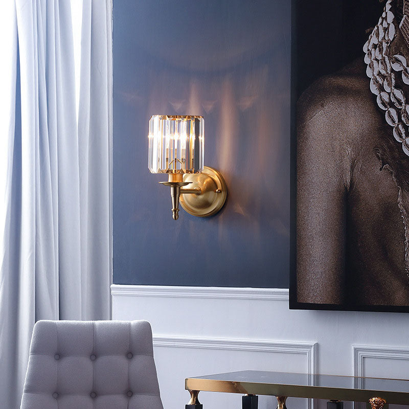 French Crystal Copper Cylinder 1-Light Wall Sconce Lamp