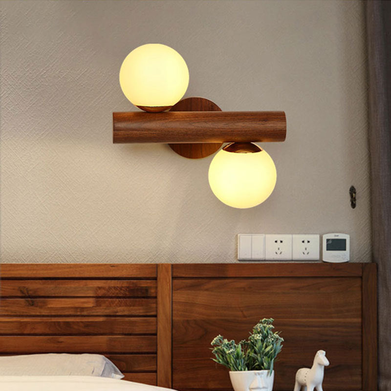 Scandinavian Orb Rubberwood Glass 2-Light Wall Sconce Lamp