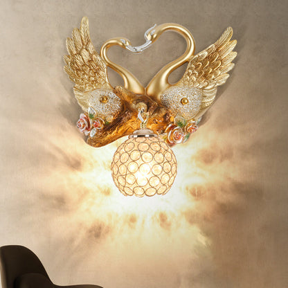 Deco Iron Crystal Couple Swan Ball 1-Light Wall Sconce Lamp