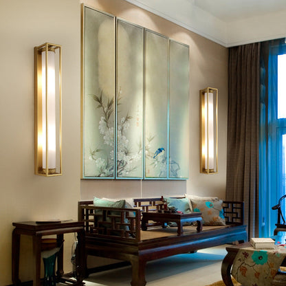 Chinese Glass Rectangular Cylinder 2-Light Wall Sconce Lamp