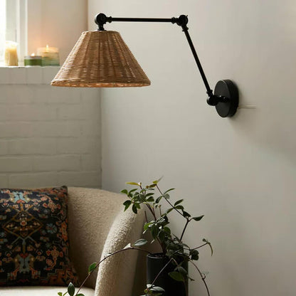 Rattan Cone Shade Iron Swing Arm 1-Light Wall Sconce Lamp