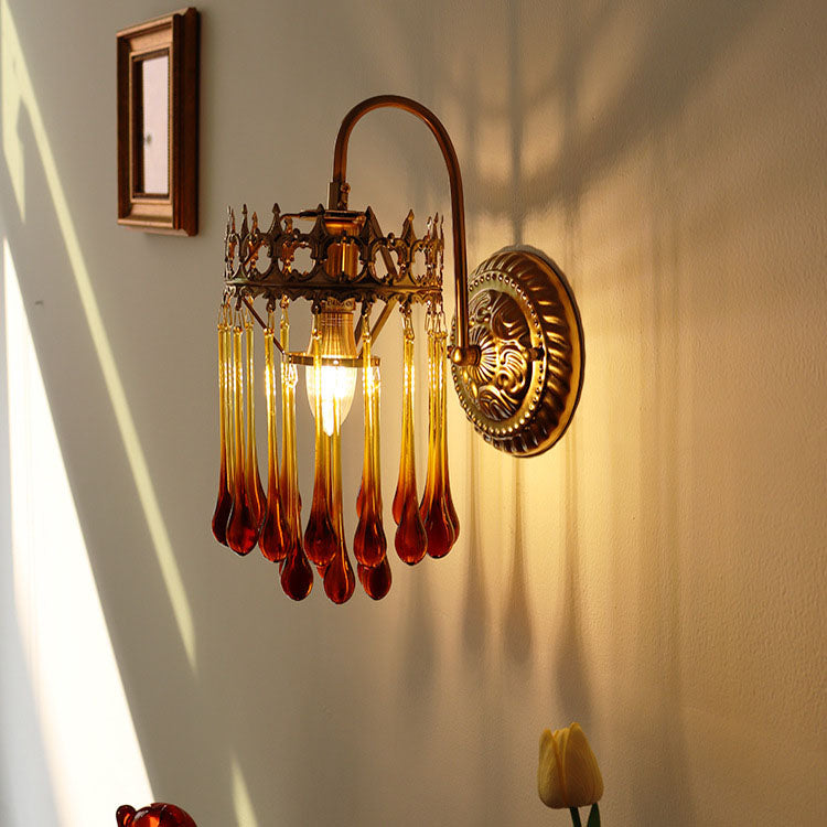 French Brown Water Drop Glass 1-Light Wall Sconce Lamp