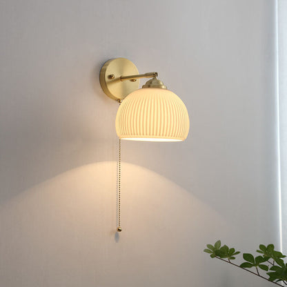 Nordic Striped Milk Glass Brass Pull Cord Wall Sconce