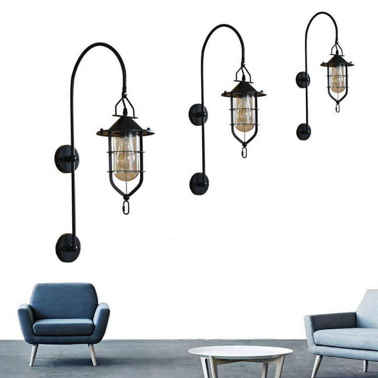 Iron Glass Cage Curved Arm 1-Light Wall Sconce Lamp