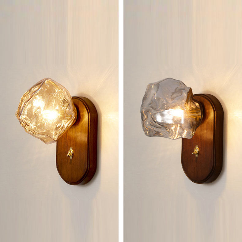 Japanese Shape Solid Wood Glass 1-Light Wall Sconce Lamp