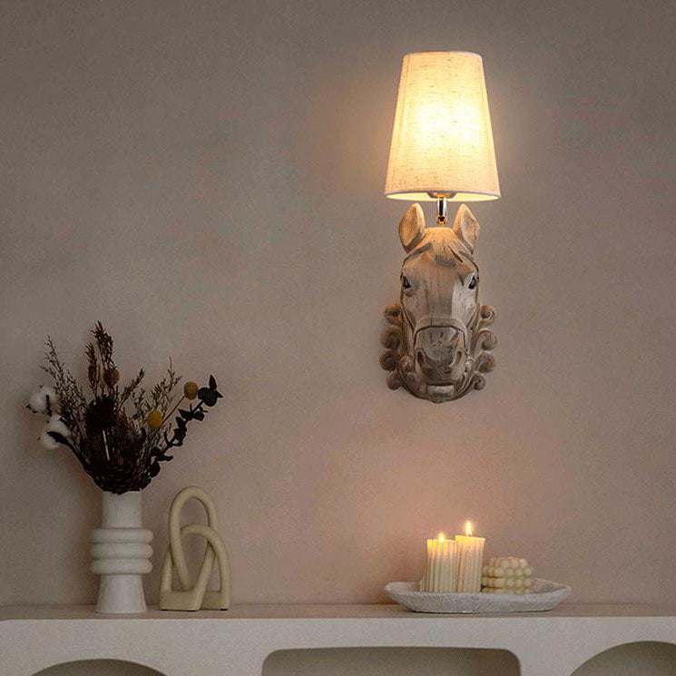 Resin Horse Head Fabric Lampshade 1-Light Wall Sconce Lamp