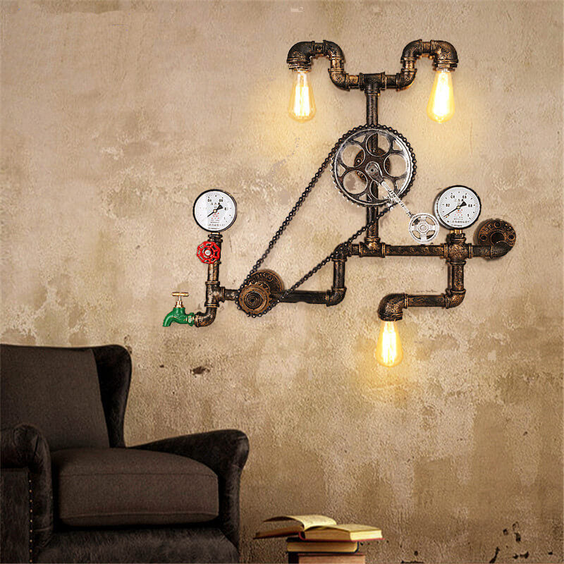 Industrial Iron Plumbing Gear 3-Light Wall Sconce Lamp