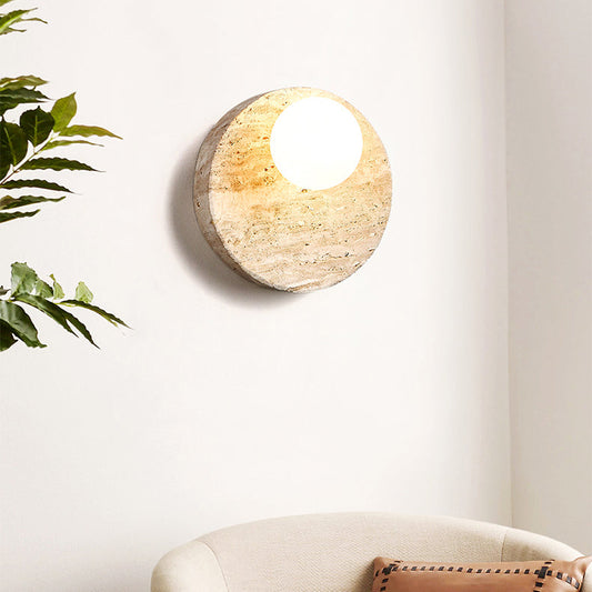 Japanese Yellow Travertine Circle 1-Light Wall Sconce Lamp