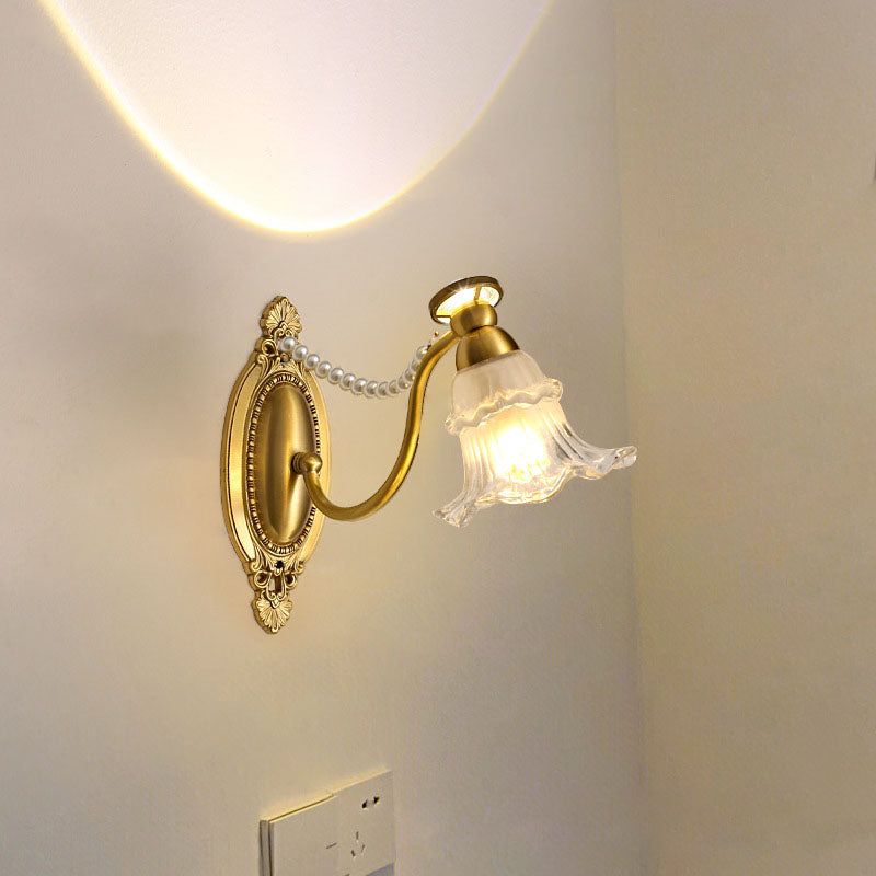 French Floral Brass Glass 1-Light Wall Sconce Lamp