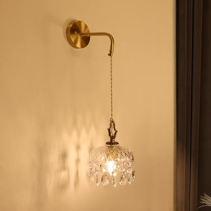 European Light Brass Crystal Glass 1-Light Wall Sconce Lamp