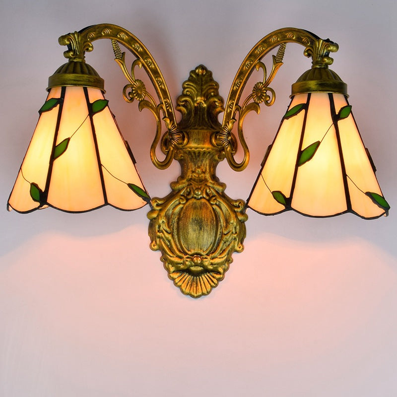 Tiffany Resin Glass Conic Foliage 2-Light Wall Sconce Lamp