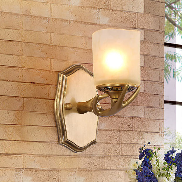 European Antler Brass Glass 1-Light Wall Sconce Lamp