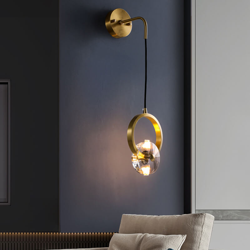 Golden Copper Circle Ring Crystal 1-Light Wall Sconce Lamp