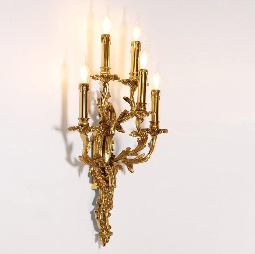 French Copper Candle Carved 5-Light Wall Sconce Lamp