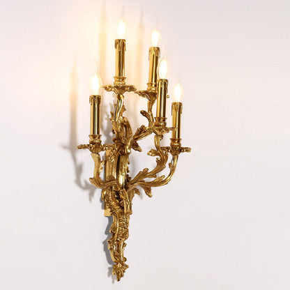French Copper Candle Carved 5-Light Wall Sconce Lamp