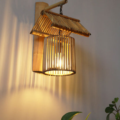 House Bamboo Weaving Cylinder 1-Light Wall Sconce Lamp
