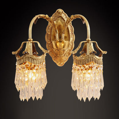 French Carved Leaf Brass Crystal 1/2 Light Wall Sconce Lamp