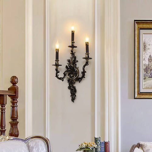 French Black Copper Candlestick 3-Light Wall Sconce Lamp