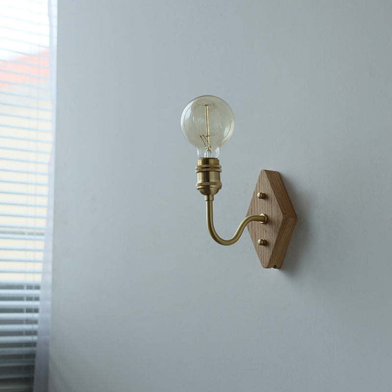 Diamond Curved Pole Wood Brass 1-Light Wall Sconce Lamp