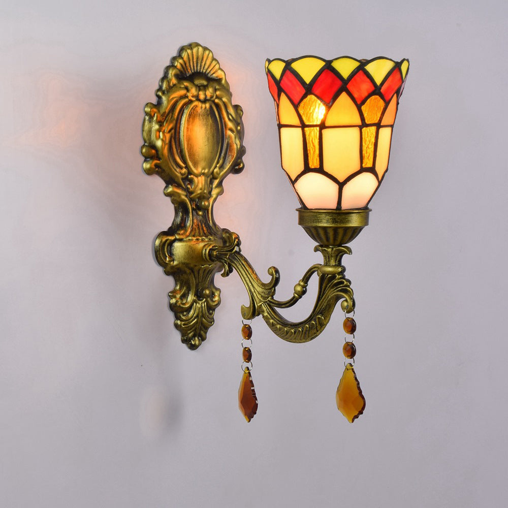 Tiffany Iron Crystal Stained Glass 1-Light Wall Sconce Lamp