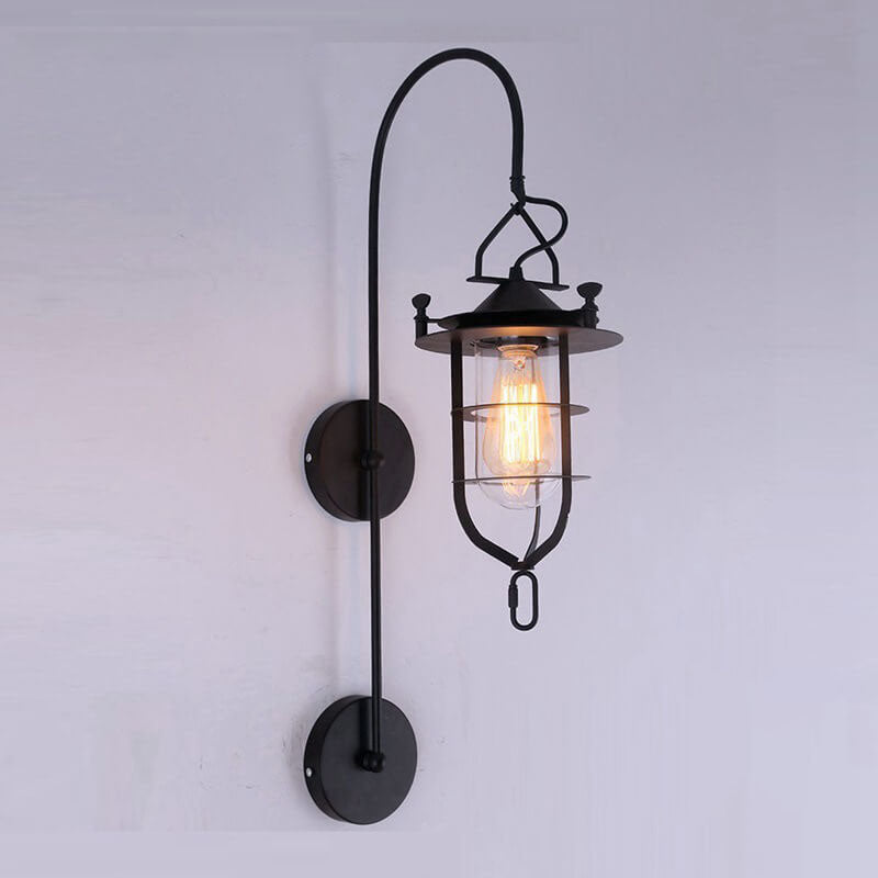 Iron Glass Cage Curved Arm 1-Light Wall Sconce Lamp