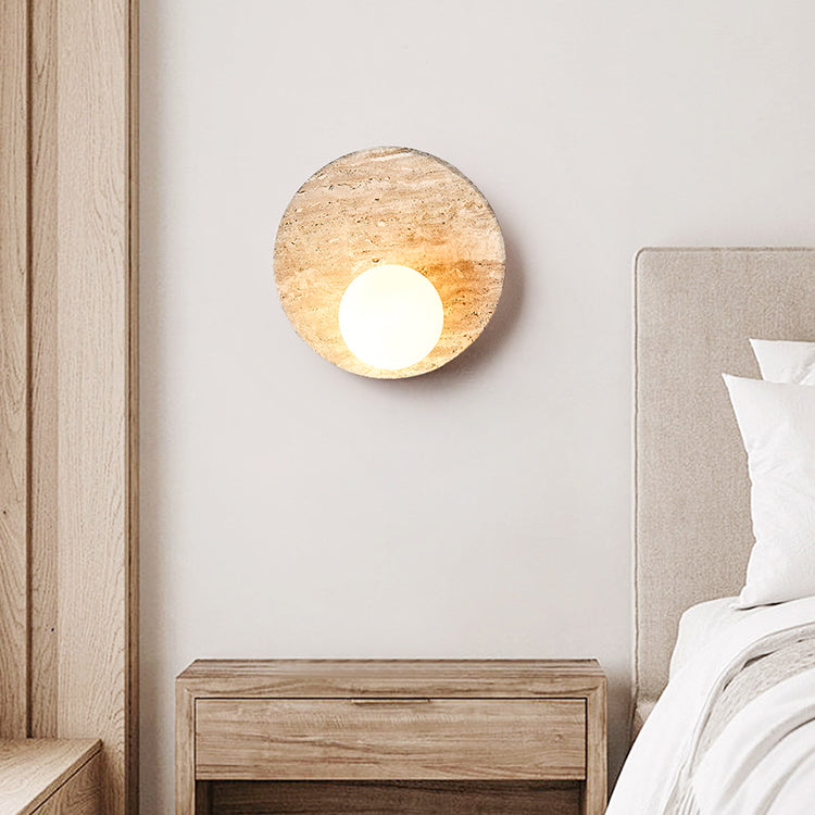 Japanese Yellow Travertine Circle 1-Light Wall Sconce Lamp