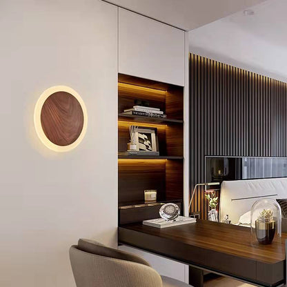 Japanese Black Walnut Round Shade LED Wall Sconce Lamp