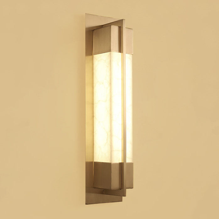 Chinese Copper Faux Marble Rectangular LED Wall Sconce Lamp