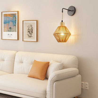 Japanese Round Wood Rattan 1-Light Wall Sconce Lamp