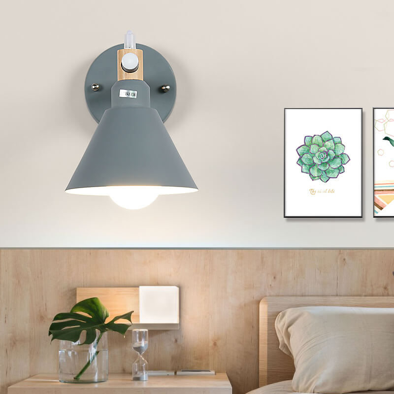 Macaron Iron Trumpet Shaped Wood 1-Light Wall Sconce Lamp