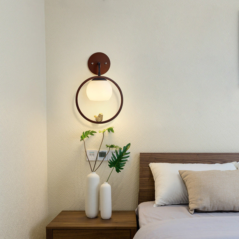 Minimalist Circle Bird Wood Glass 1-Light Wall Sconce Lamp