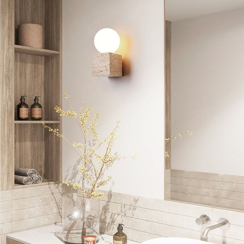 Round Ball Square Stone Glass 1-Light Wall Sconce Lamp