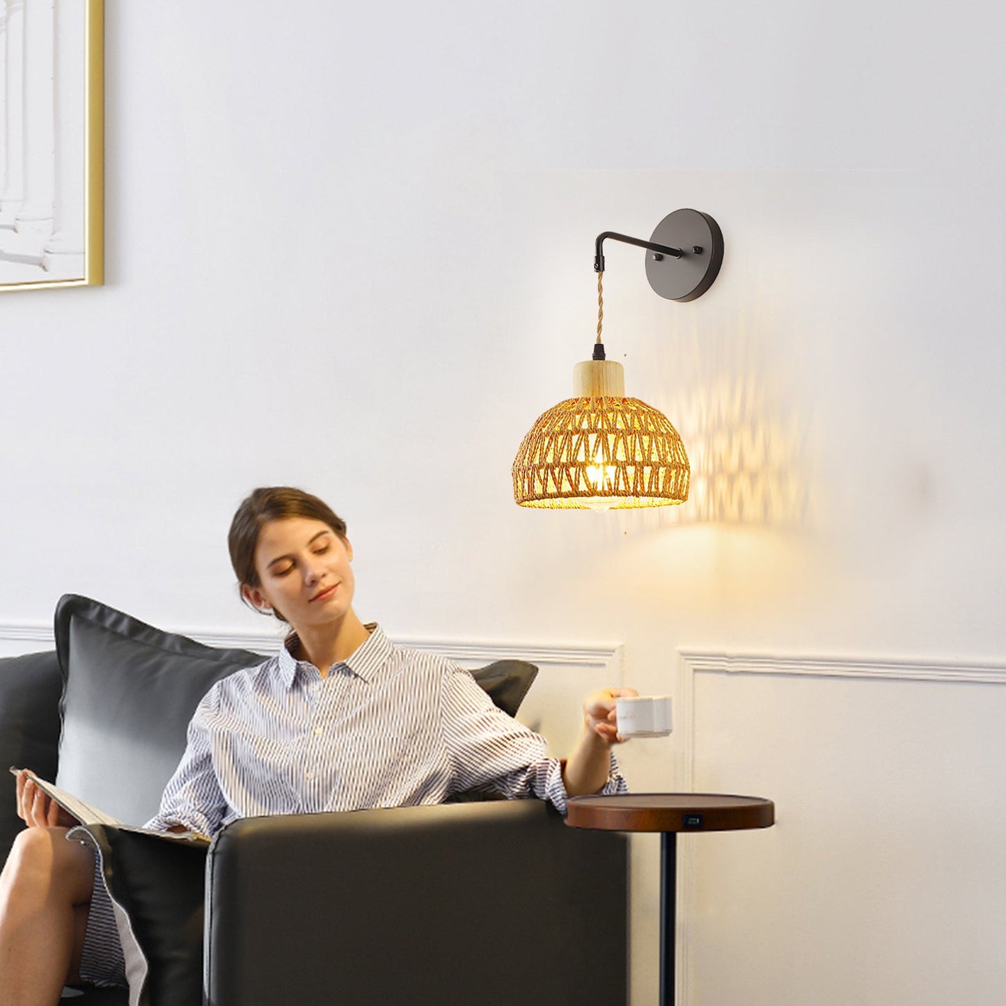 Semi-Circle Iron Rattan 1-Light Wall Sconce Lamp