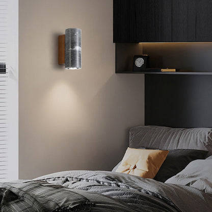 Round Stone Wood Cylinder Square 1-Light Wall Sconce Lamp