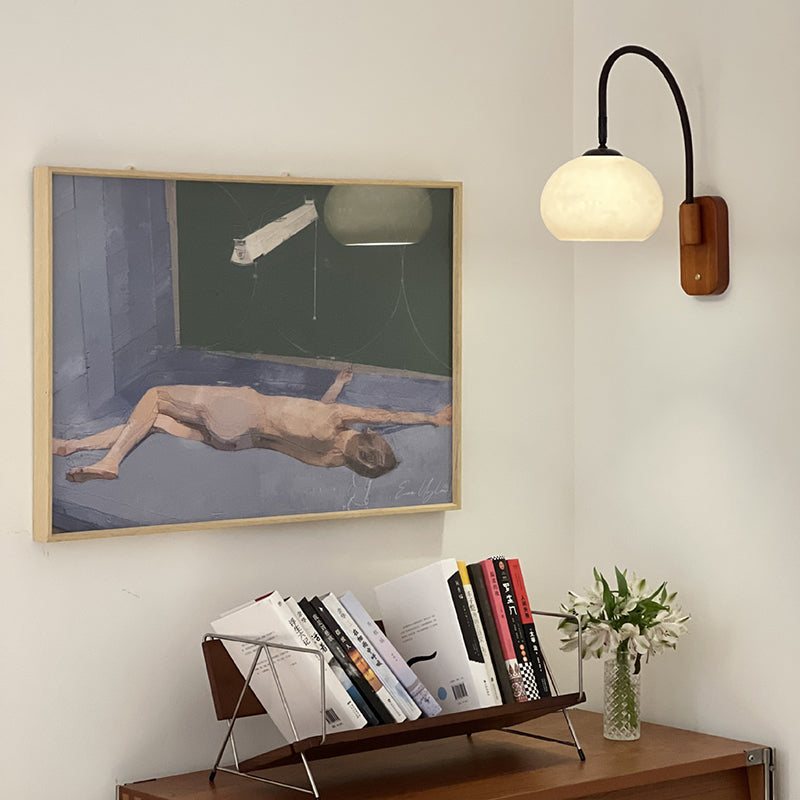 Half Round Fishing Rod Wood Glass 1-Light Wall Sconce Lamp