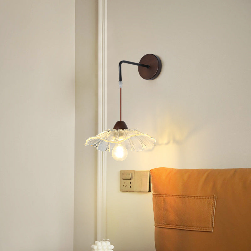 Chinese Lotus Leaf Flower Walnut 1-Light Wall Sconce Lamp